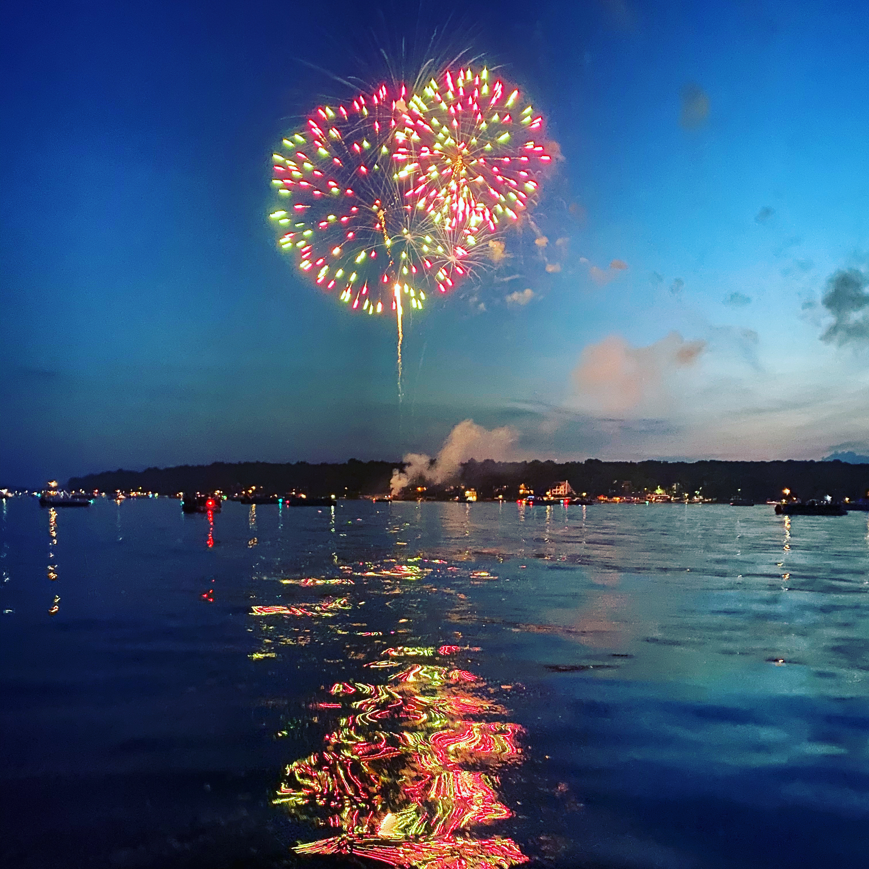 fireworks in the sky over a body of water